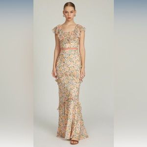 Saloni Ella Long Dress In Peach Petunia Print, Size 4 (XS)- BRAND NEW W/ TAGS